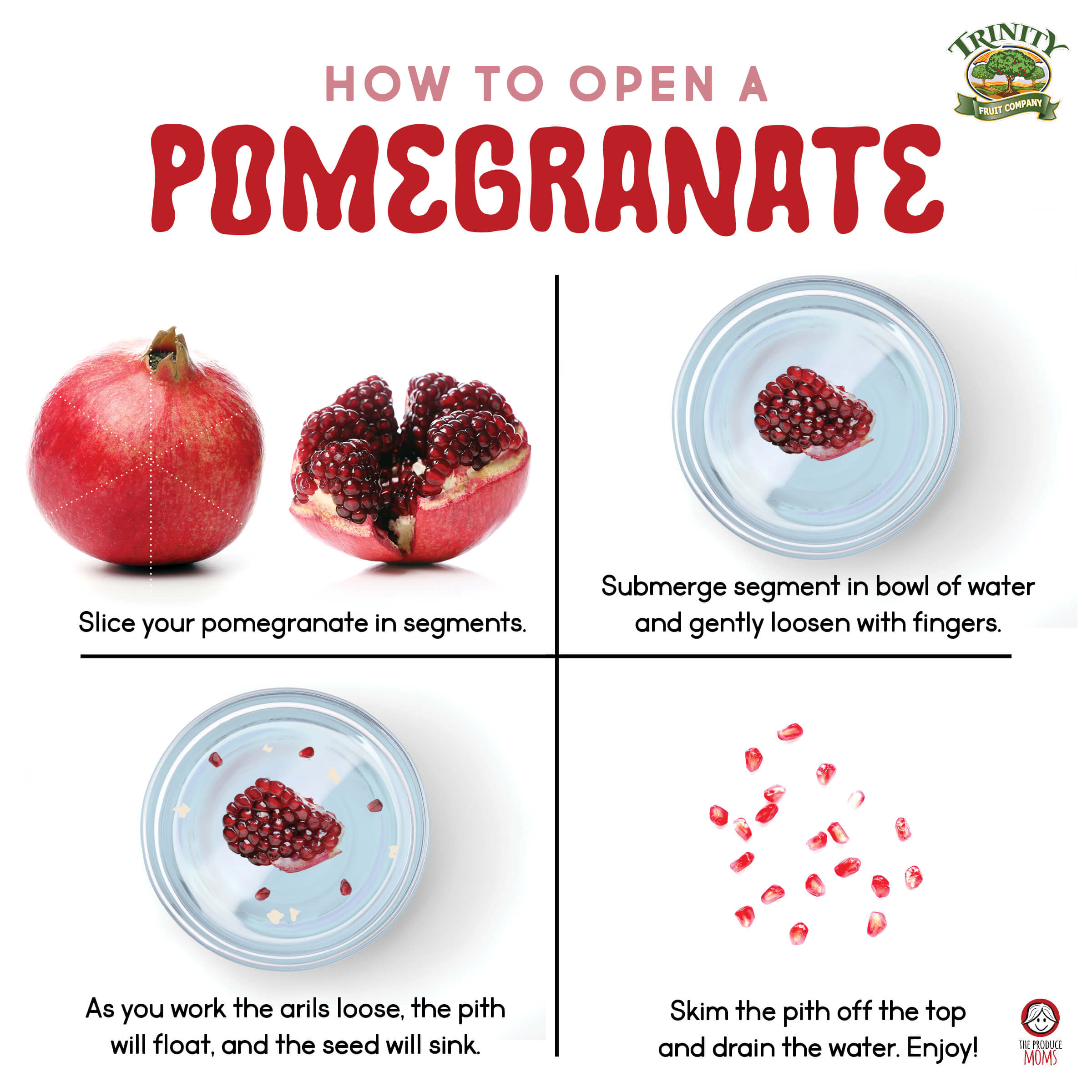 Infographic showing how to open a pomegranate in a water jar