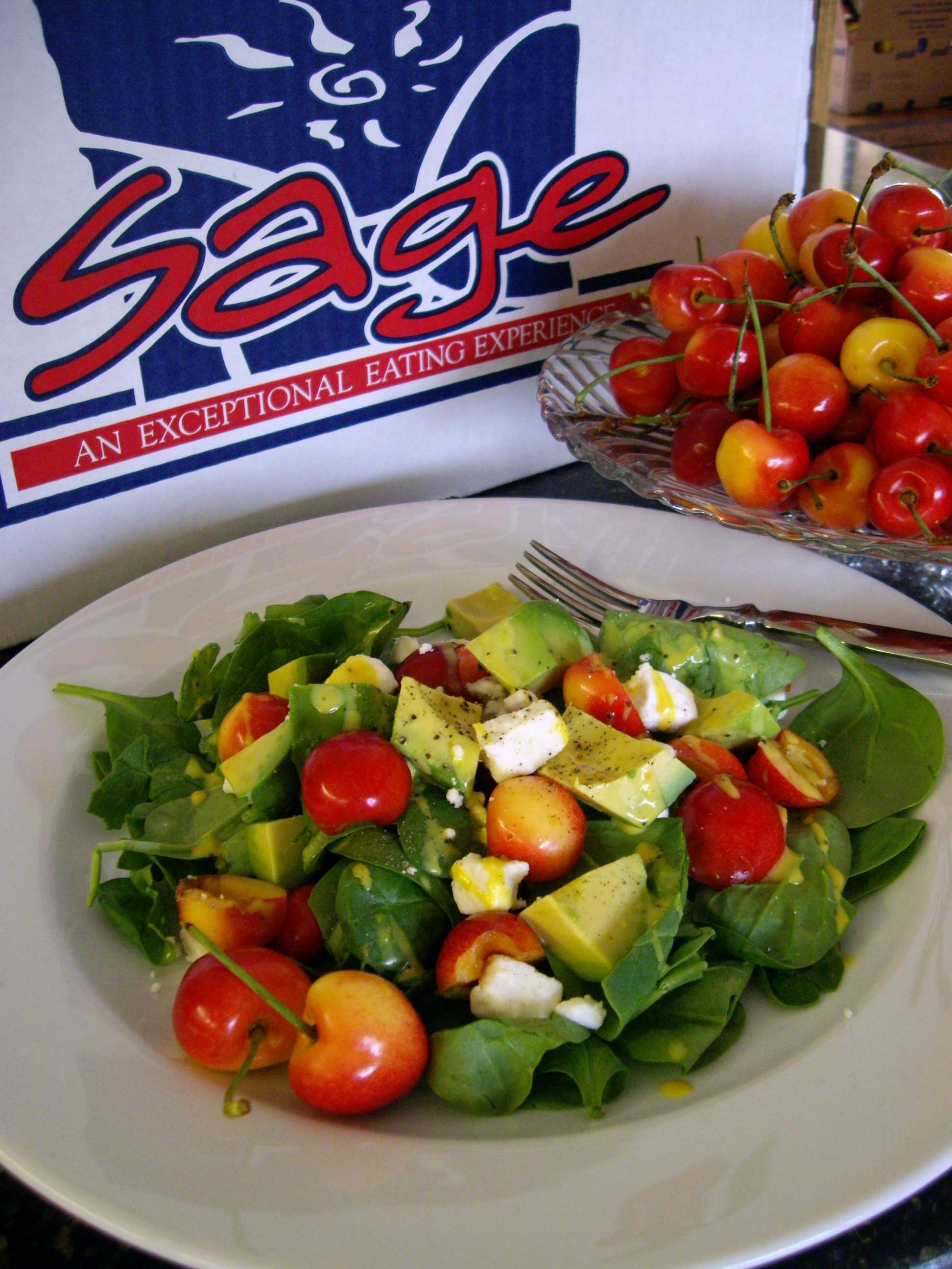 Fresh Spinach, Avocado, Rainier Cherry and Feta Salad With Cherry Dijonnaise Dressing