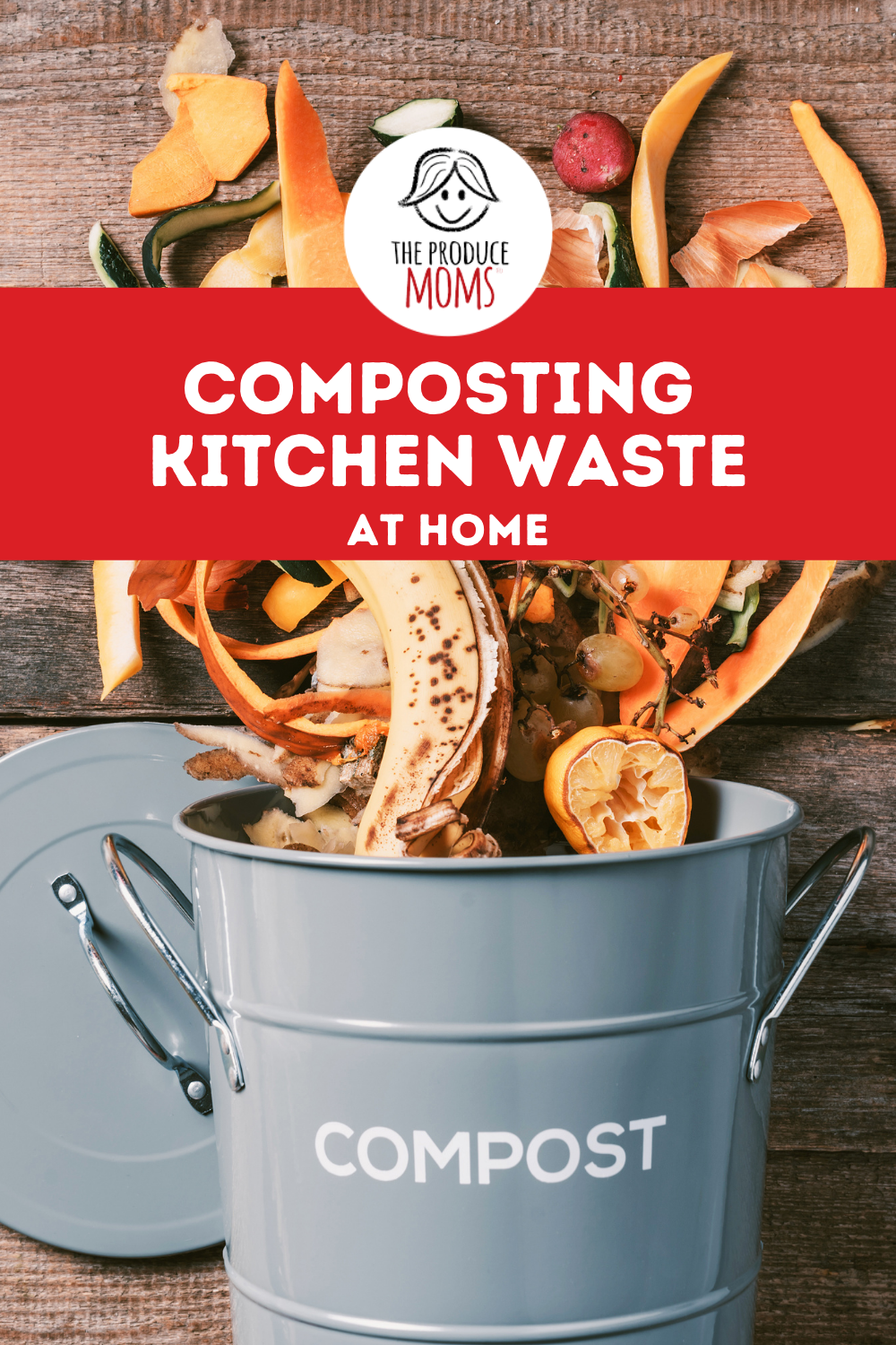 Compost pail with fruits and veggie scraps out the top