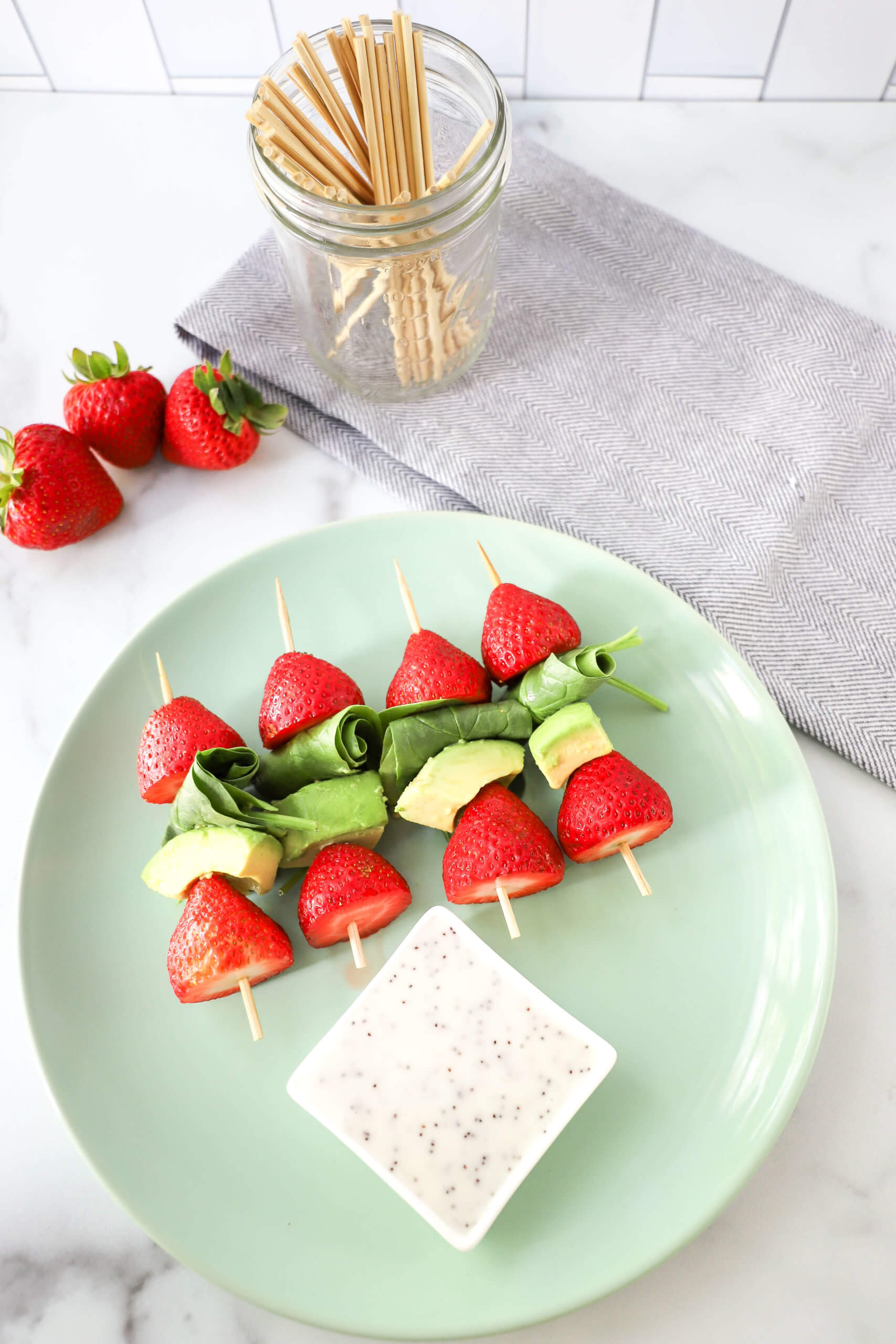 Strawberry Salad Kabobs with Avocado and Spinach Strawberry Salad Kabobs