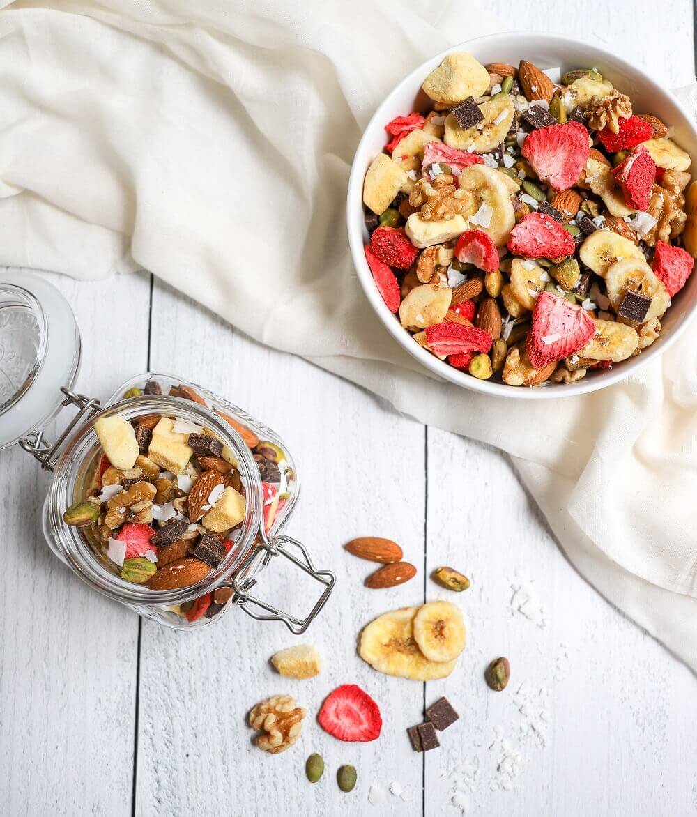 Homemade trail mix and jar Homemade trail mix and jar