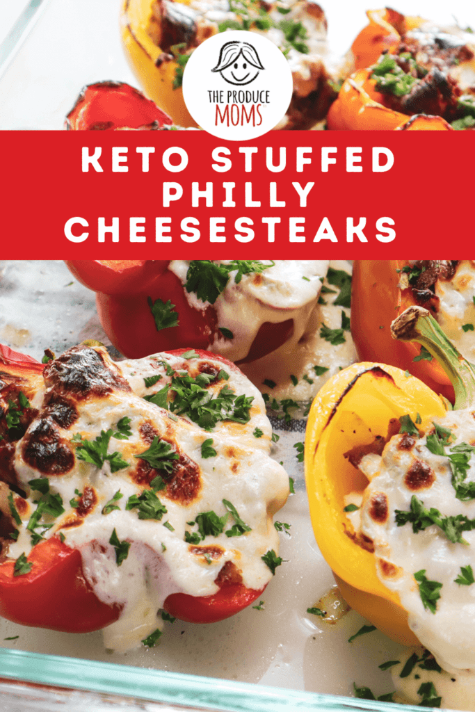 upclose picture of keto stuffed peppers cooked in glass baking dish