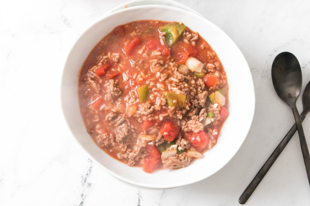 Stuffed Pepper Soup in a white bowl