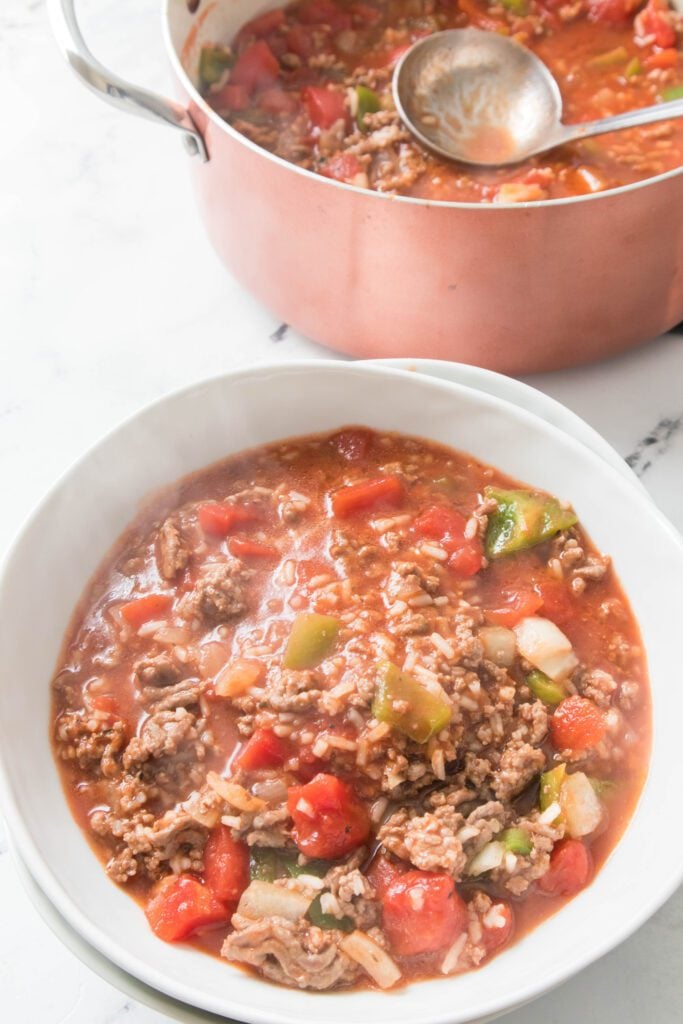 Stuffed Pepper Soup in a white bowl