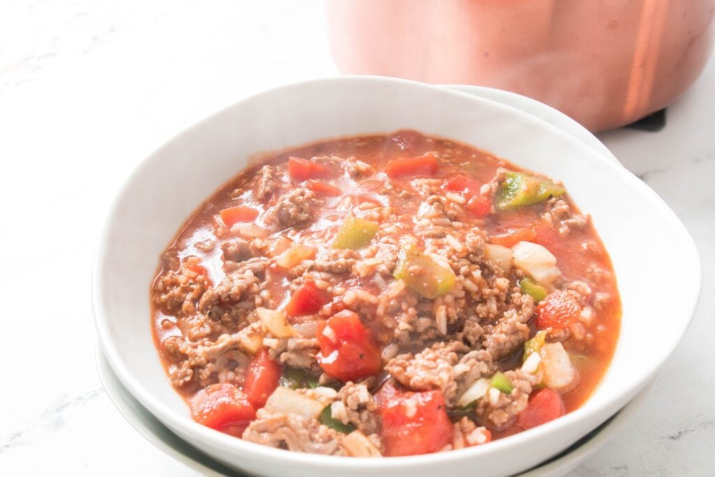 Stuffed Pepper Soup in a white bowl