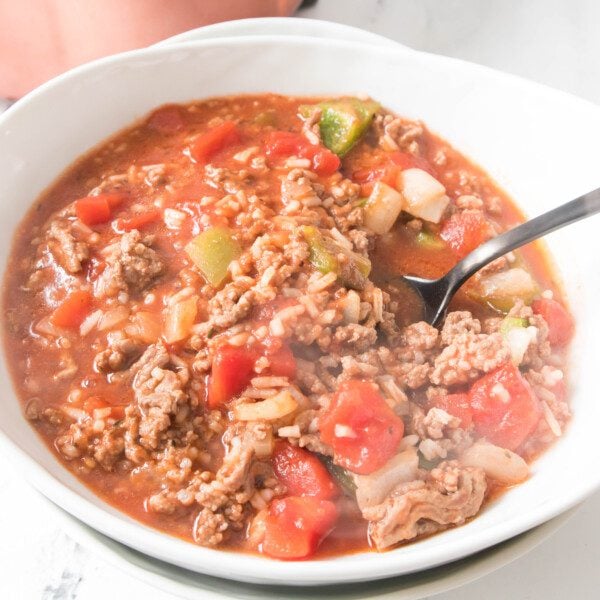 Stuffed Pepper Soup in a white bowl