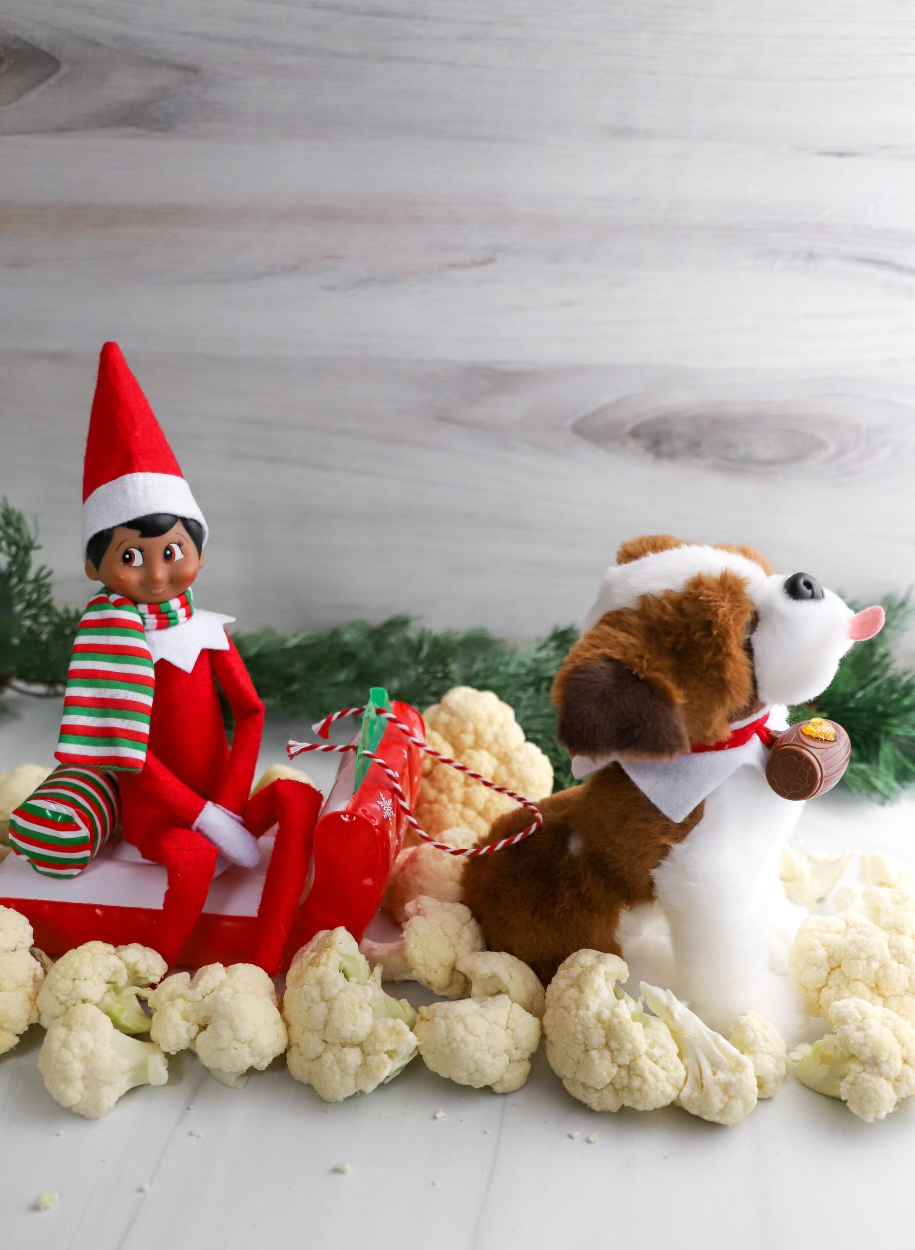 Elf sleds through snow