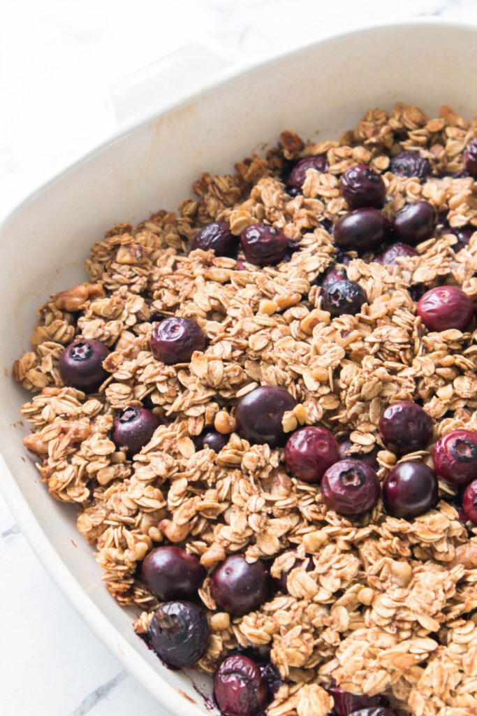 Blueberry Baked Oatmeal Blueberry Baked Oatmeal in a white pan