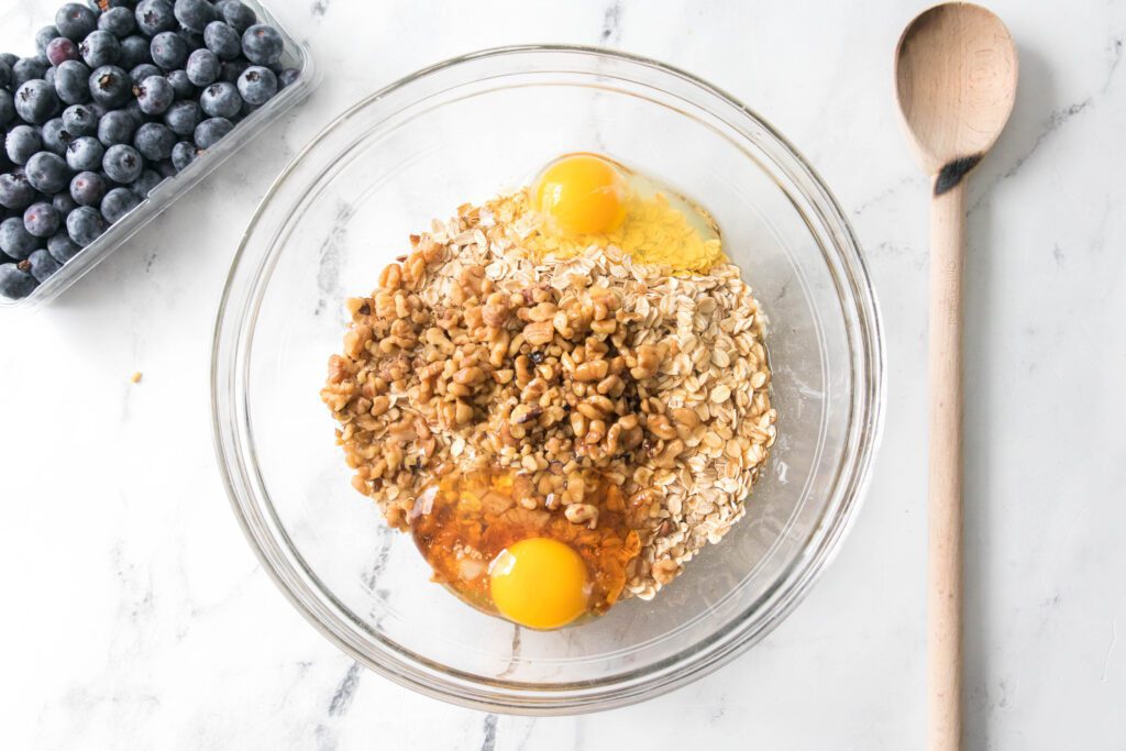Blueberry Baked Oatmeal ingredients in the bowl
