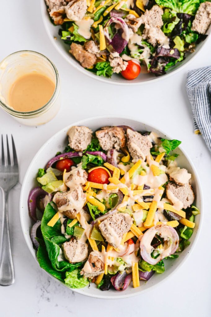 Overhead Shot of the Low Carb Cheeseburger Salad Low Carb Cheeseburger Salad