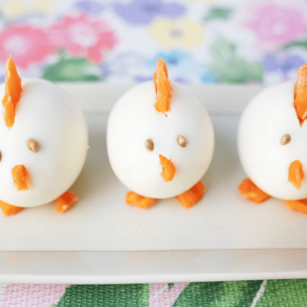 3 Hard Boiled Chicks on a white plate