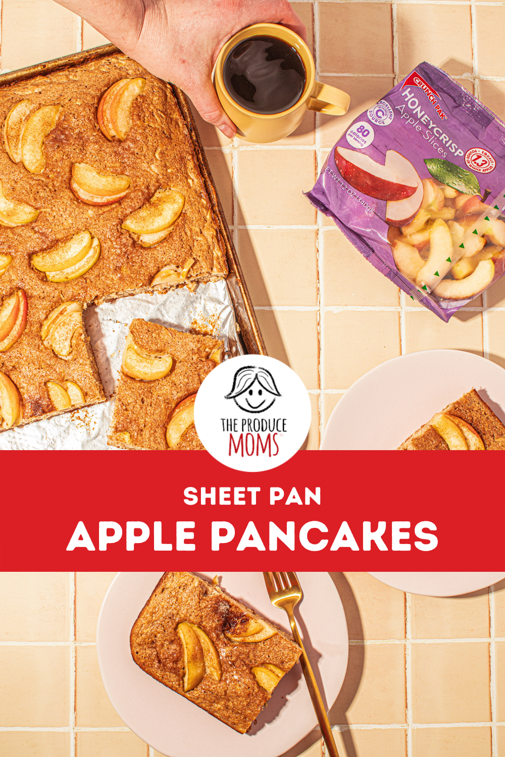 Pinterest Pin of Sheet Pan Apple Pancakes with a slice on a plate and coffee cup in the background