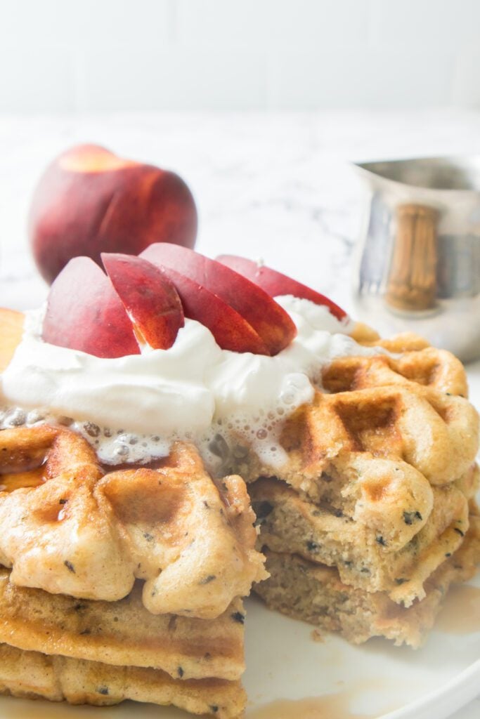 Side view of peaches and cream waffles