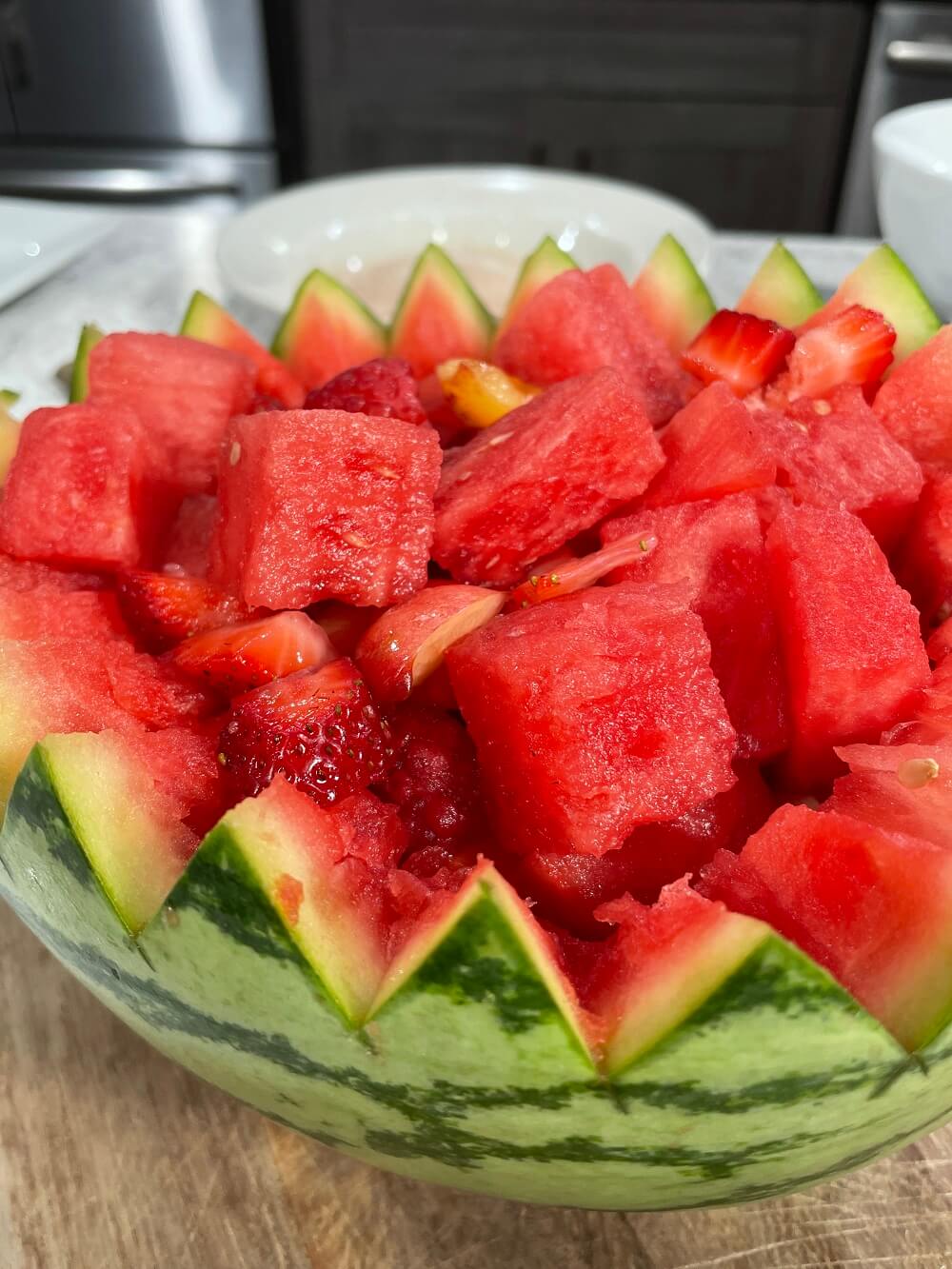 Red Fruit Salad in Watermelon Bowl Red Fruit Salad in Watermelon Bowl