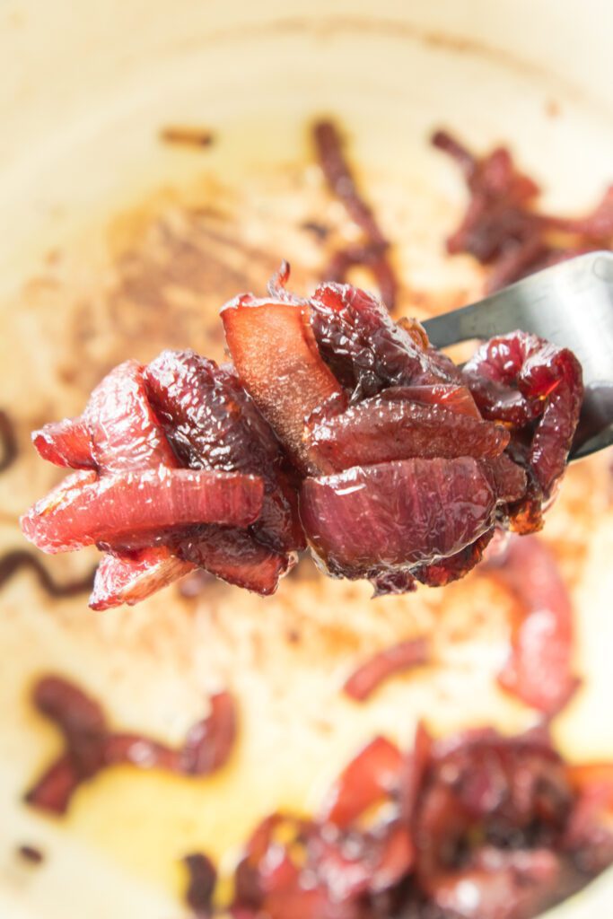 red onion marmalade on fork