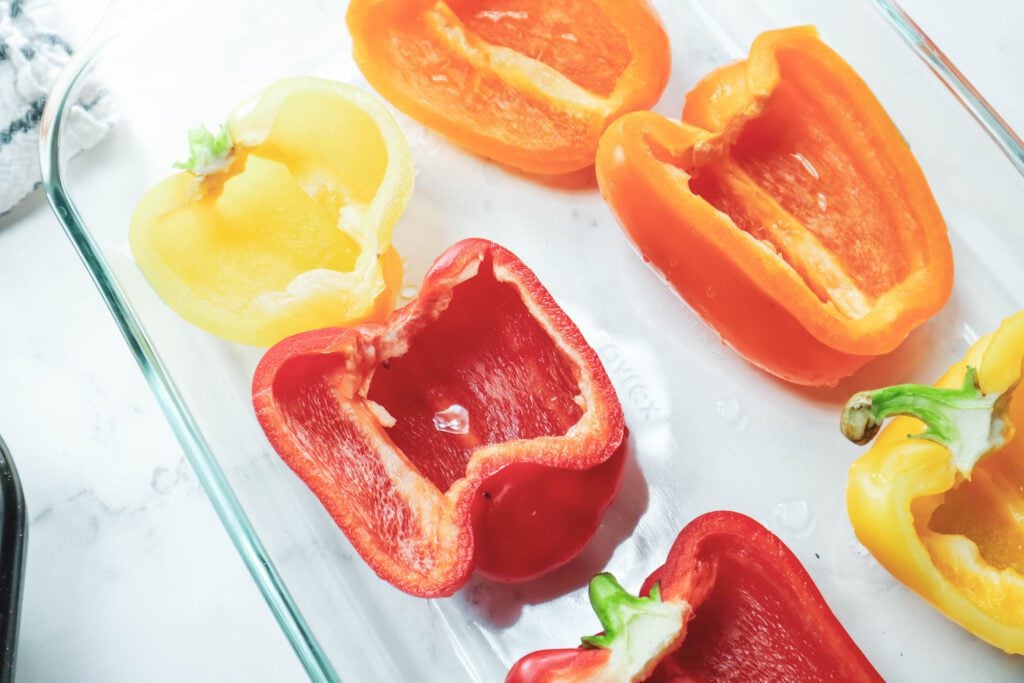 Bell peppers in glass baking dish