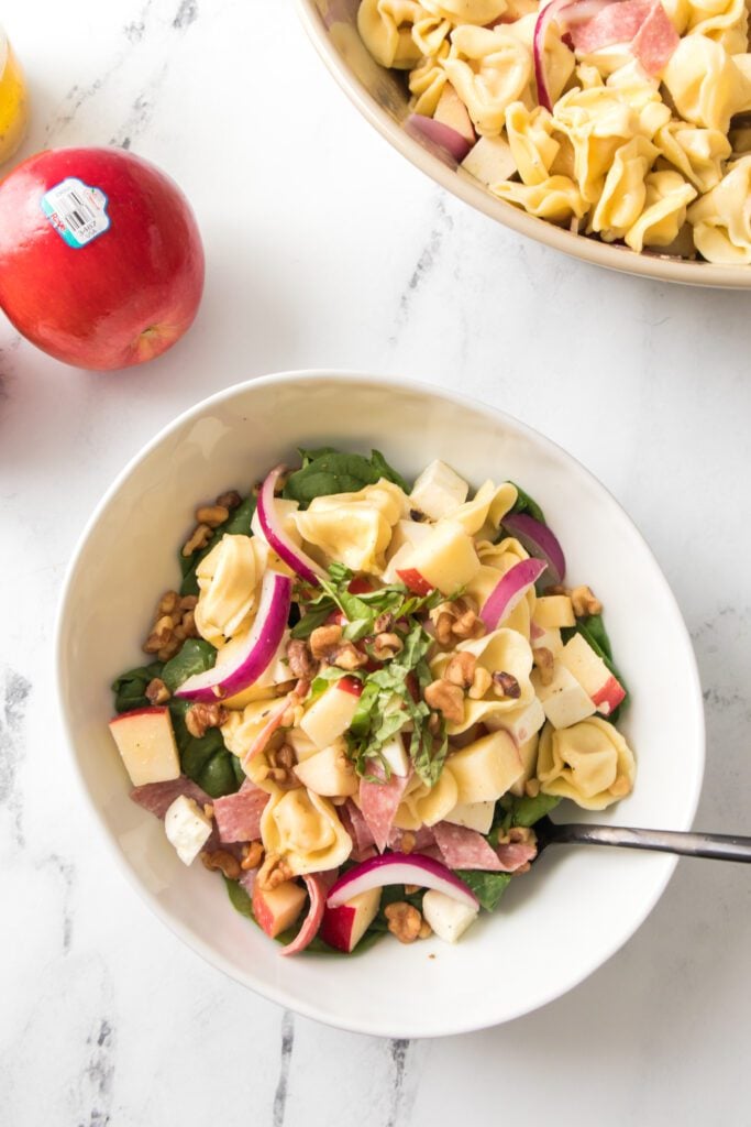 overhead view of apple tortellini salad