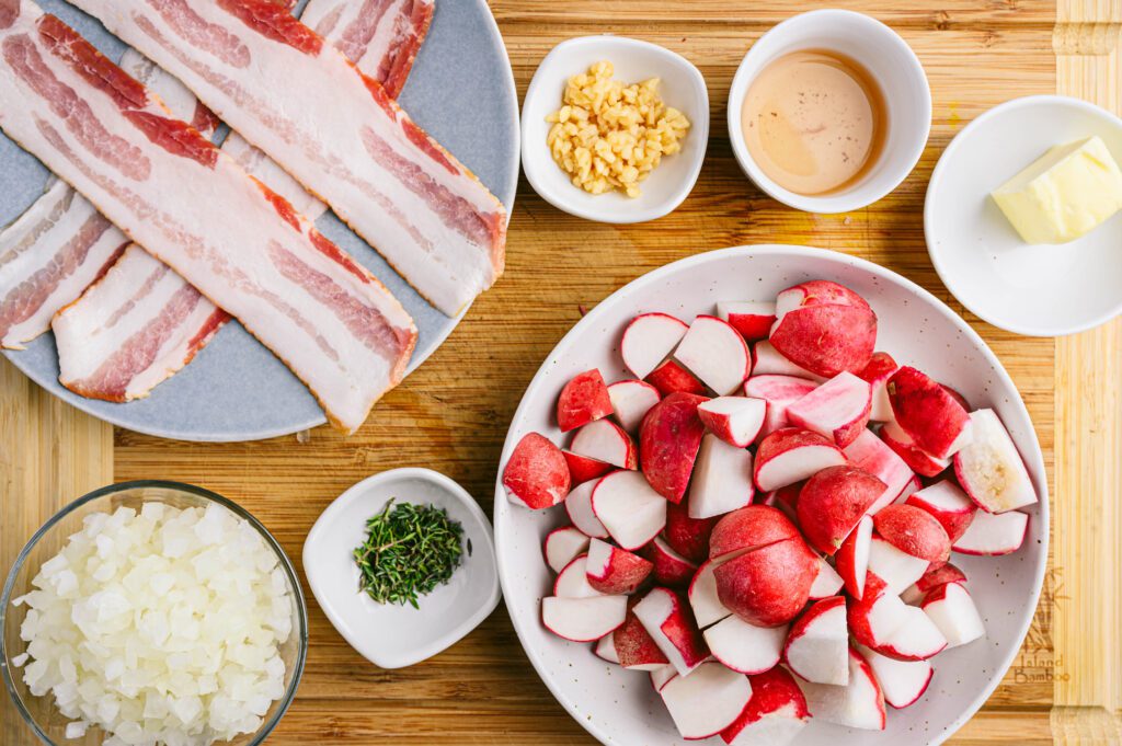 radish, bacon, onion, garlic, butter, thyme, bacon drippings
