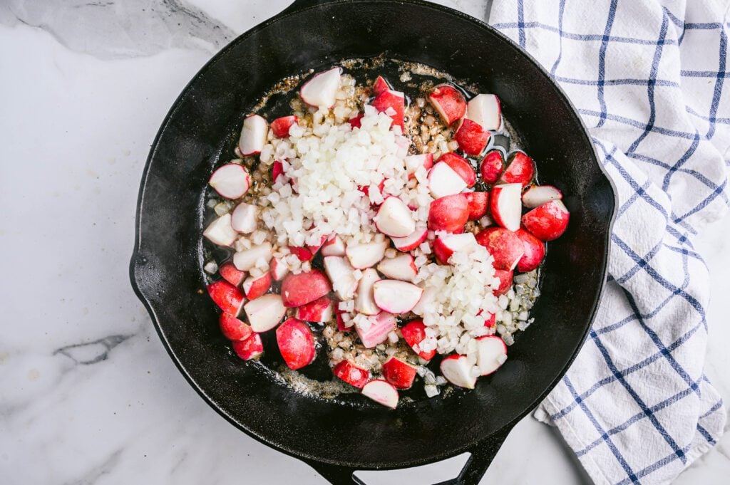Cook onions and radishes in an even layer, undisturbed, for 2-3 minutes.