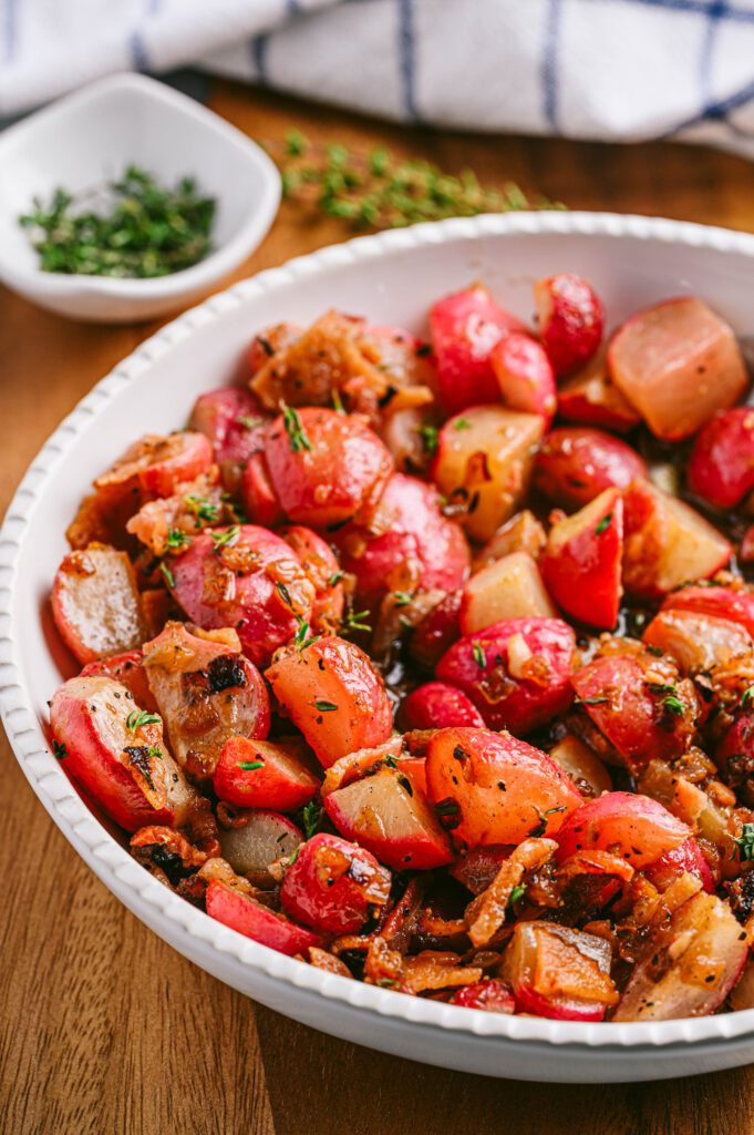crispy bacon, radish, and onion with herbs