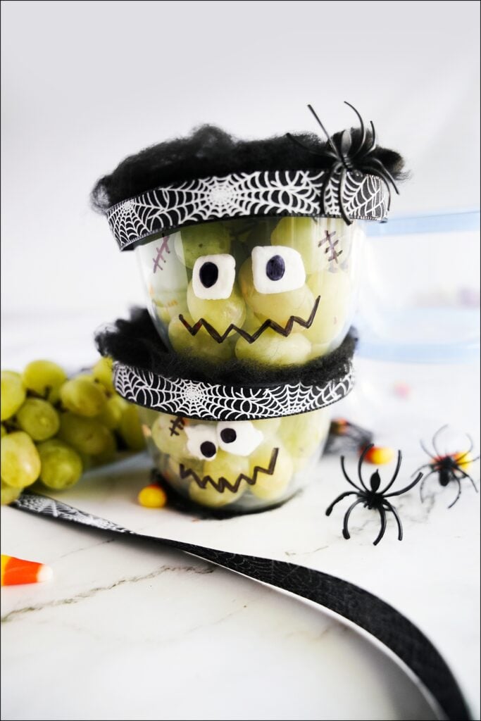 frankenstein cups with grapes and candy eyes