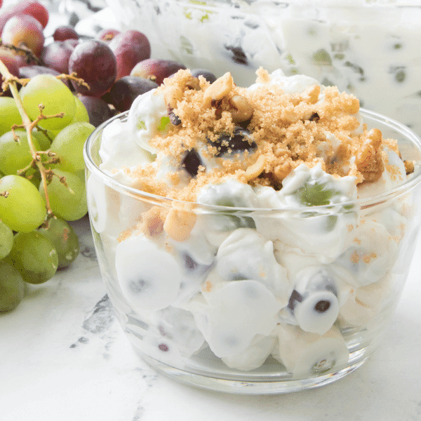 Grape Salad in clear dish with grapes