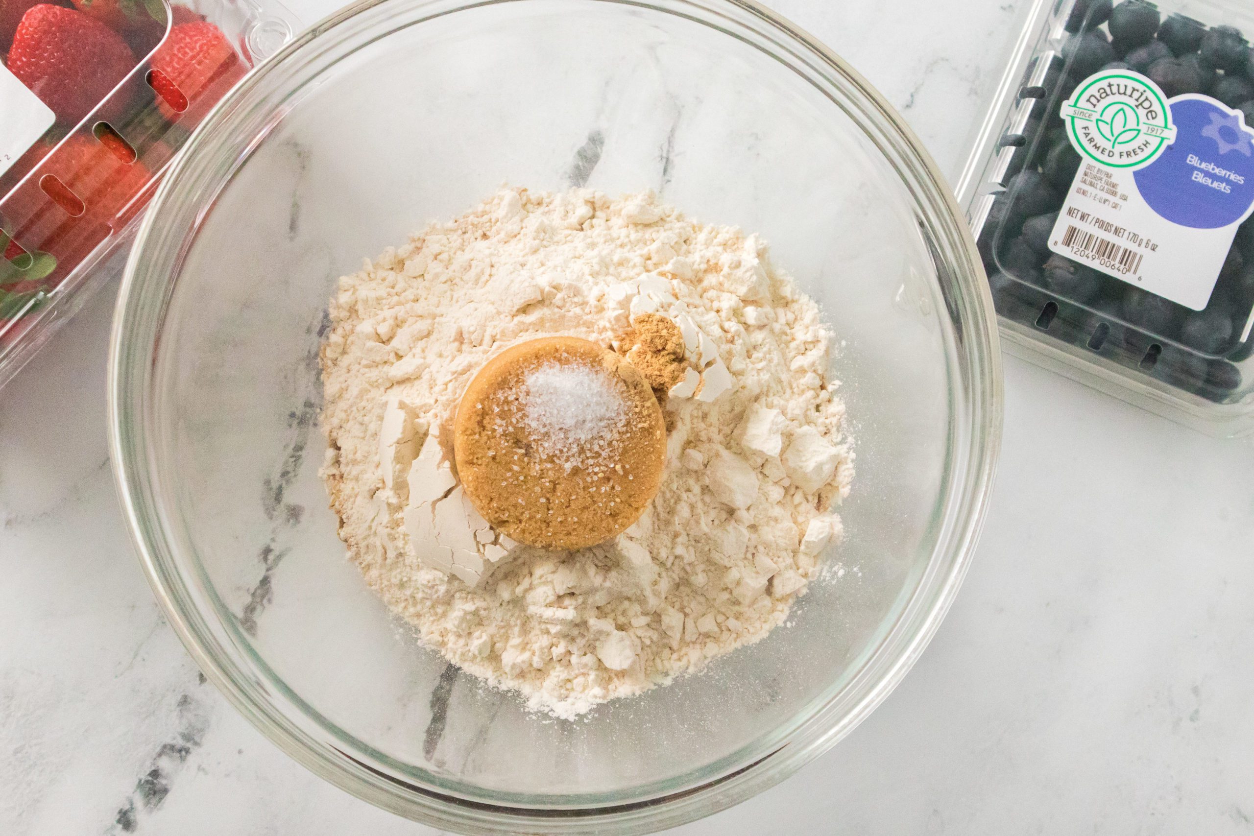 flour, oats, brown sugar and salt in glass bowl