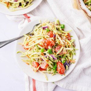 Flat lay shot of a plate of Broccoli Slaw