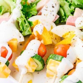 Closeup shot of a plate of Chef Salad Kabobs