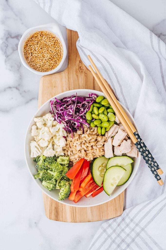 vertical overhead of asian grain bowl