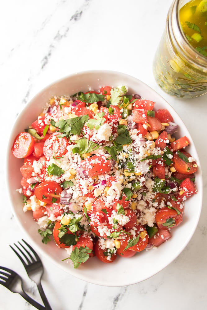 Finished and Plated Spicy Tomato and Watermelon Salad