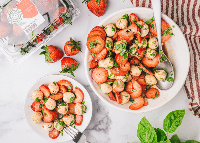 Overhead view of the strawberry caprese salad