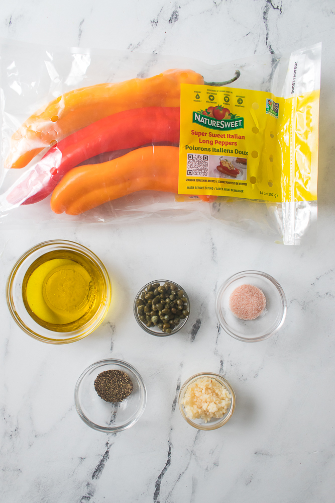 ingredients for sweet grilled peppers with olive oil and capers