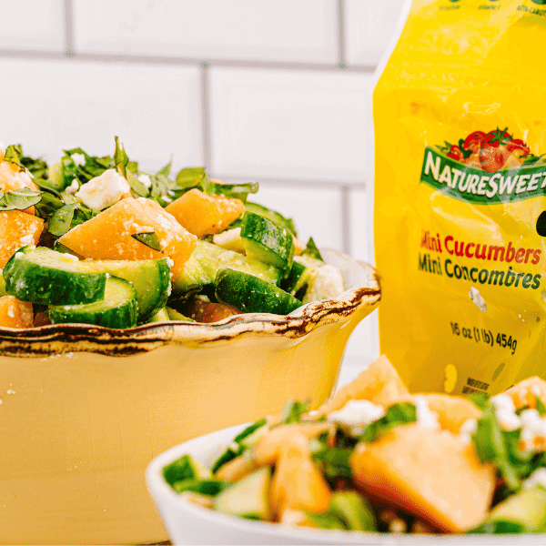 Cucumber Melon salad in bowls with NatureSweet Cucumber packaging