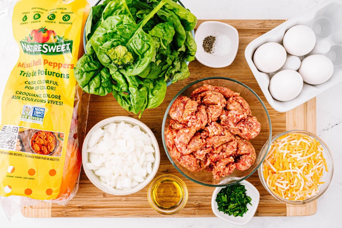 Bell peppers, pork sausage, spinach, eggs, Colby jack cheese, parsley,