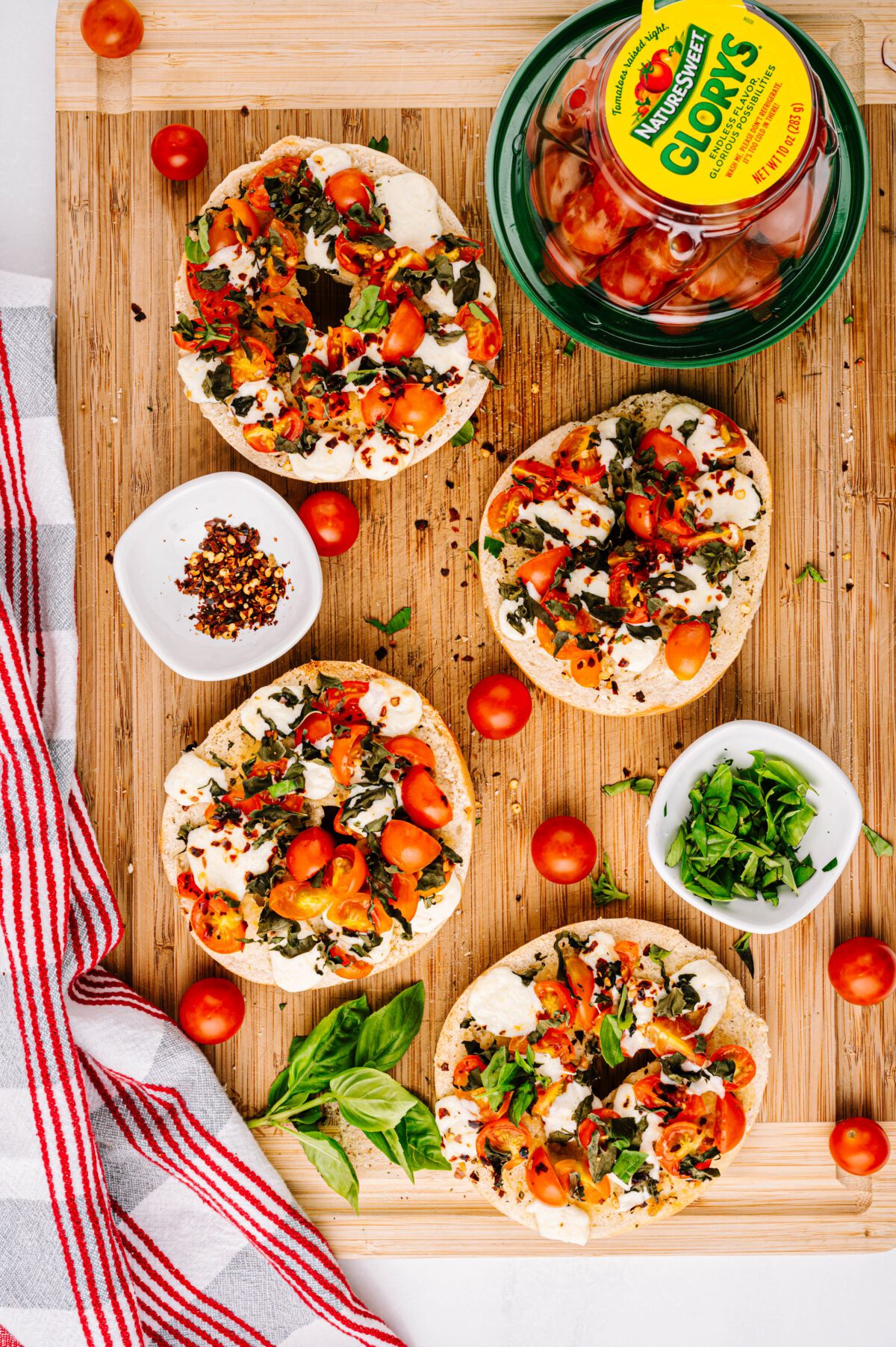 Bagels with all the toppings before toasting