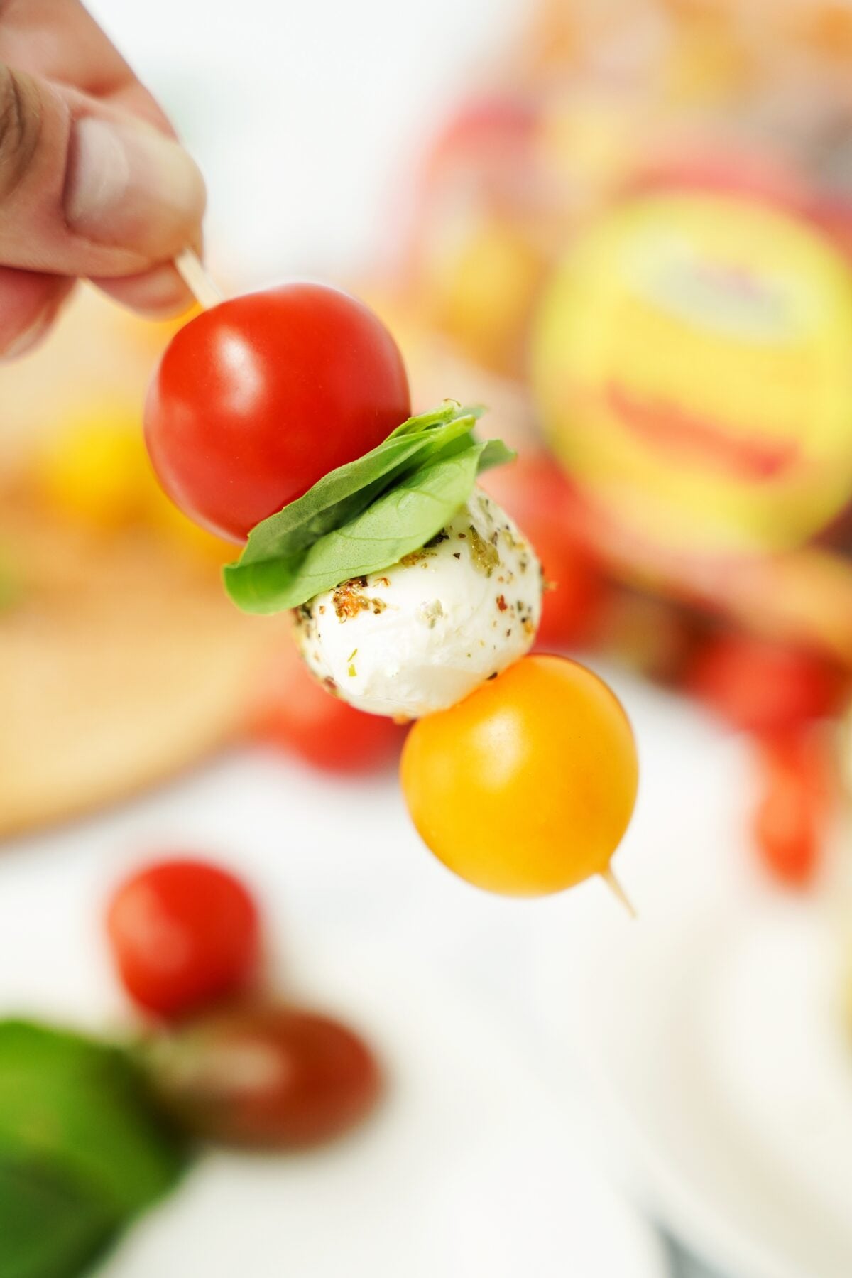 close up of caprese skewer
