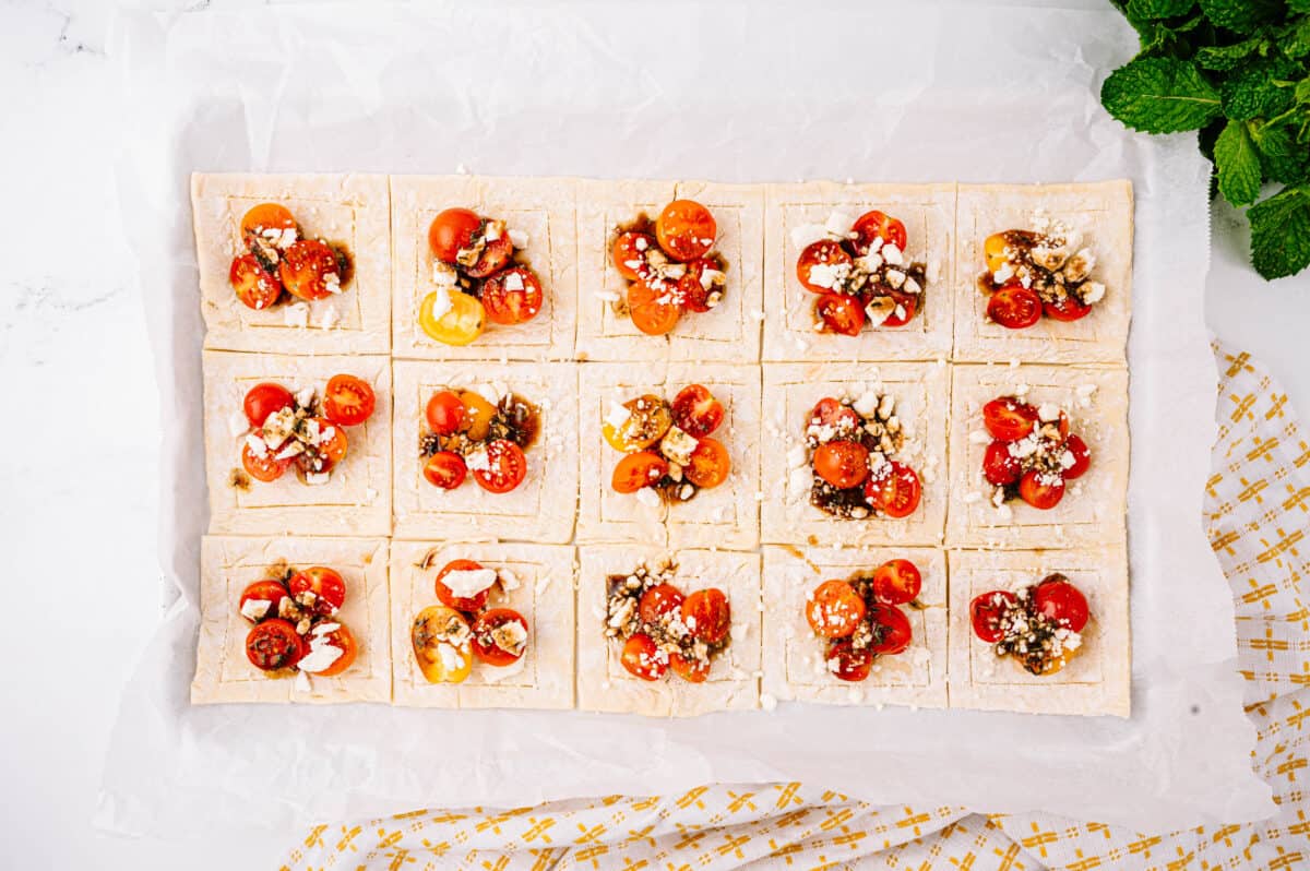 puff pastry unbaked with tomatoes, feta cheese and balsamic dressing