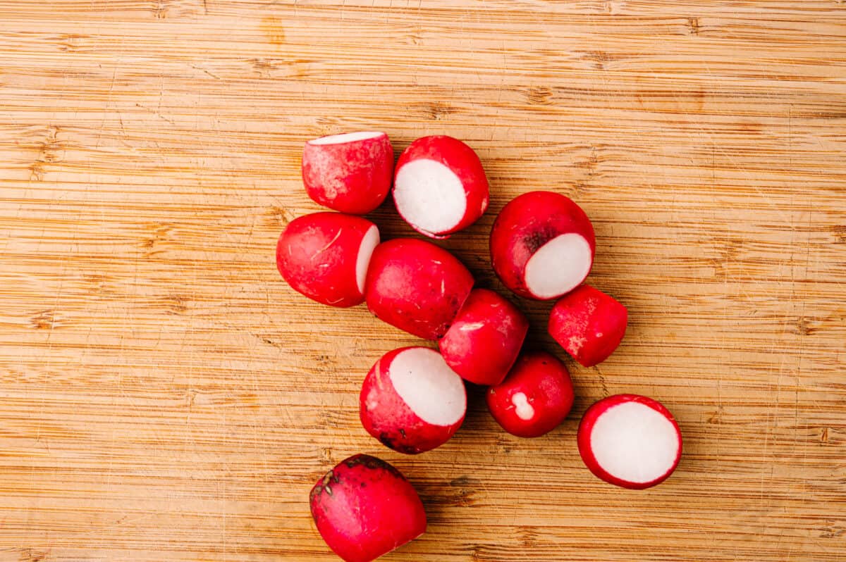 bright red radishes with crisp white flesh