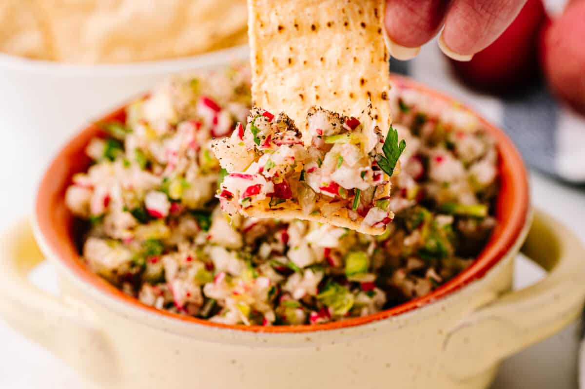 Radish salsa on a chip