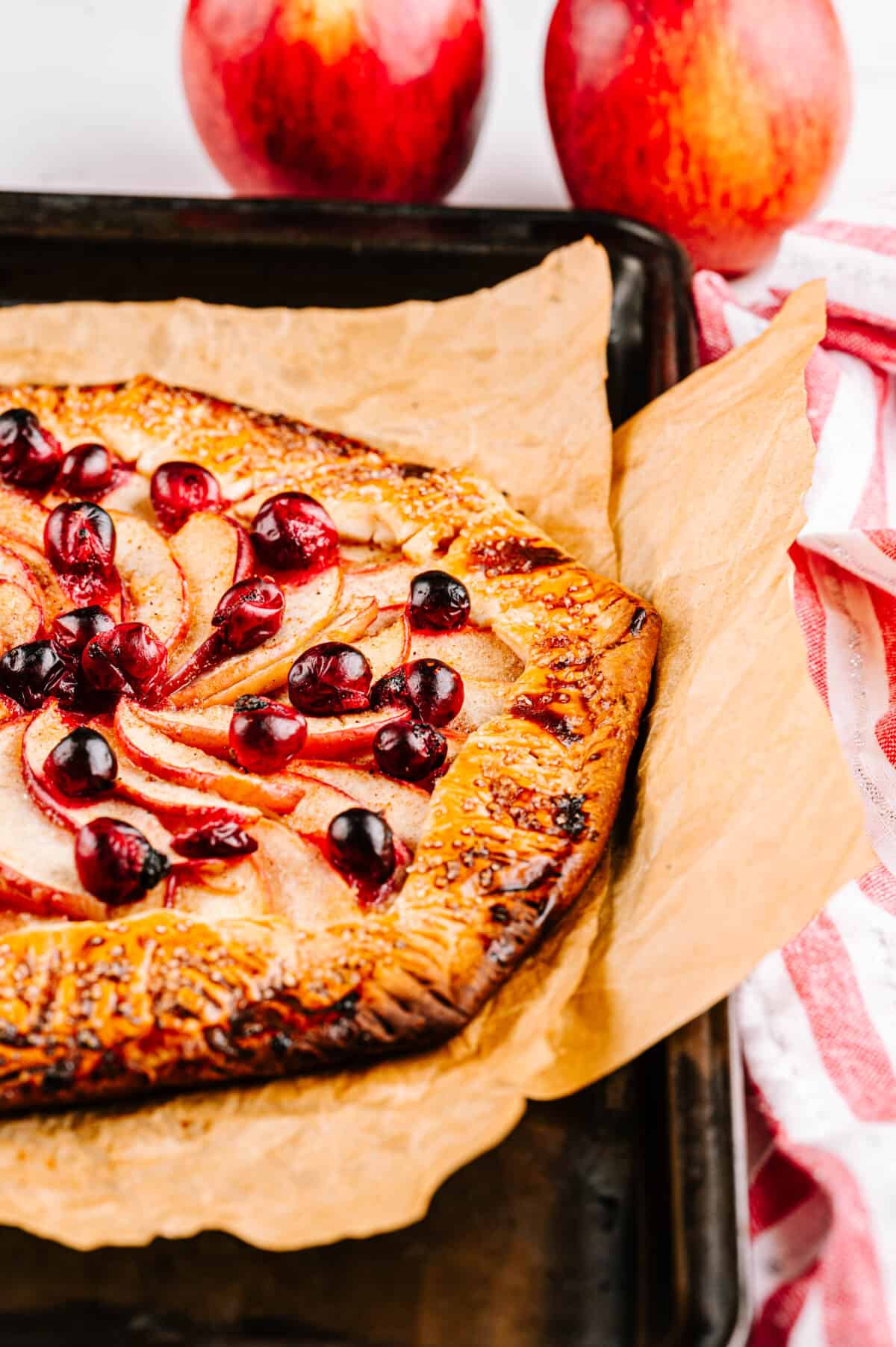 vertical close up shot of apple galette topped with cranberries