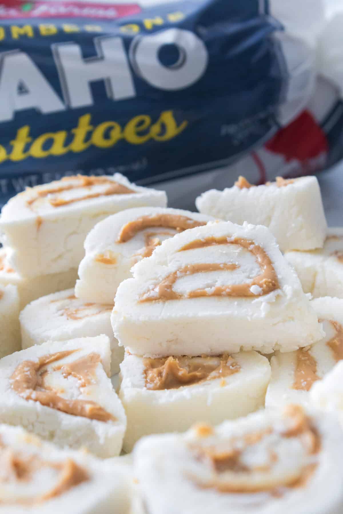 close up shot of potato candy stacked on a plate