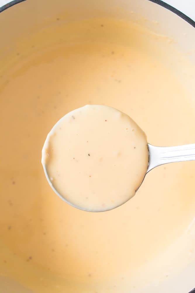 ladle full of creamy cheese sauce