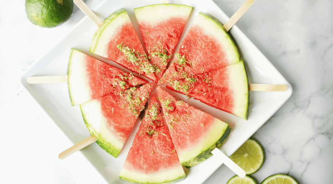 Watermelon Margarita Slices on white plate in a circle