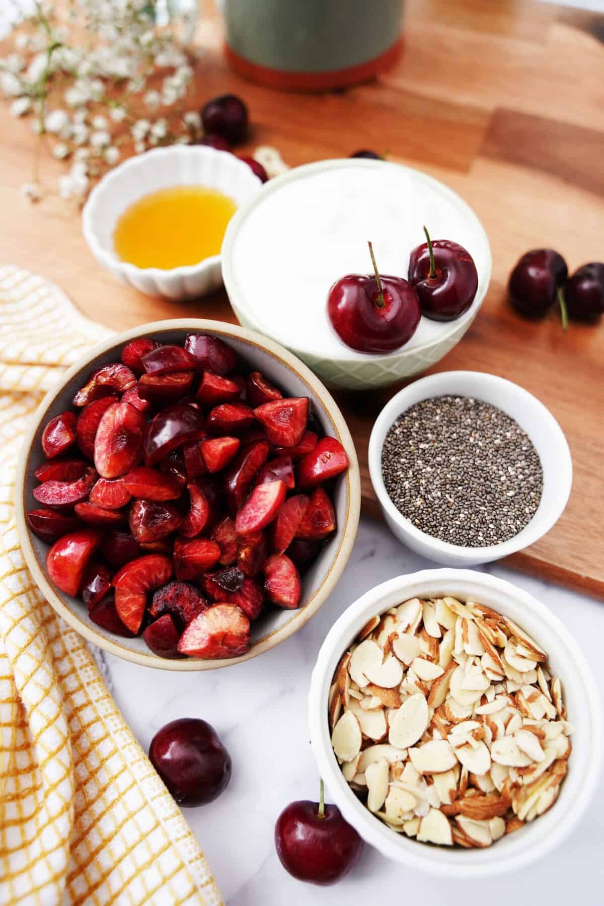 overhead shot of ingredients for cherry yogurt bark