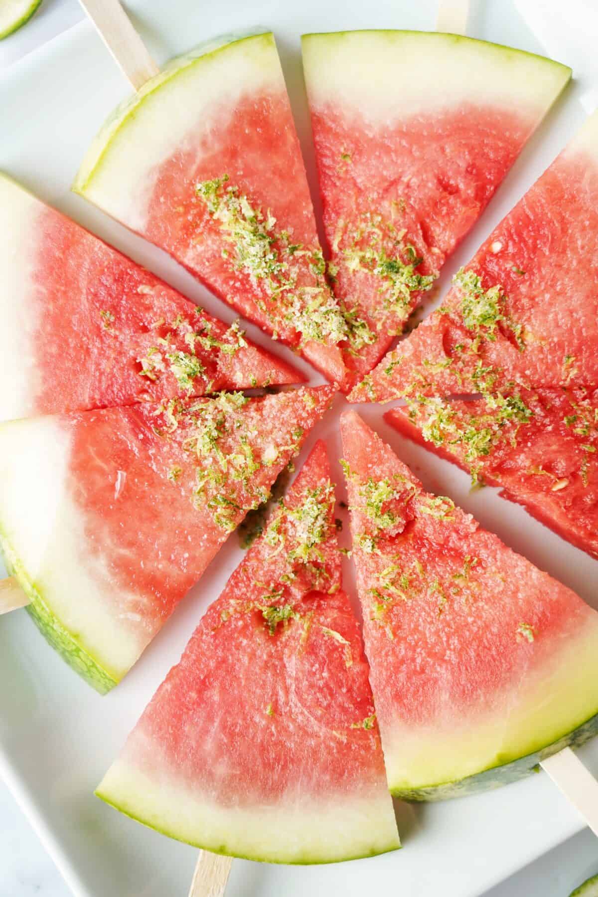 margarita watermelon slices topped with salt and lime zest