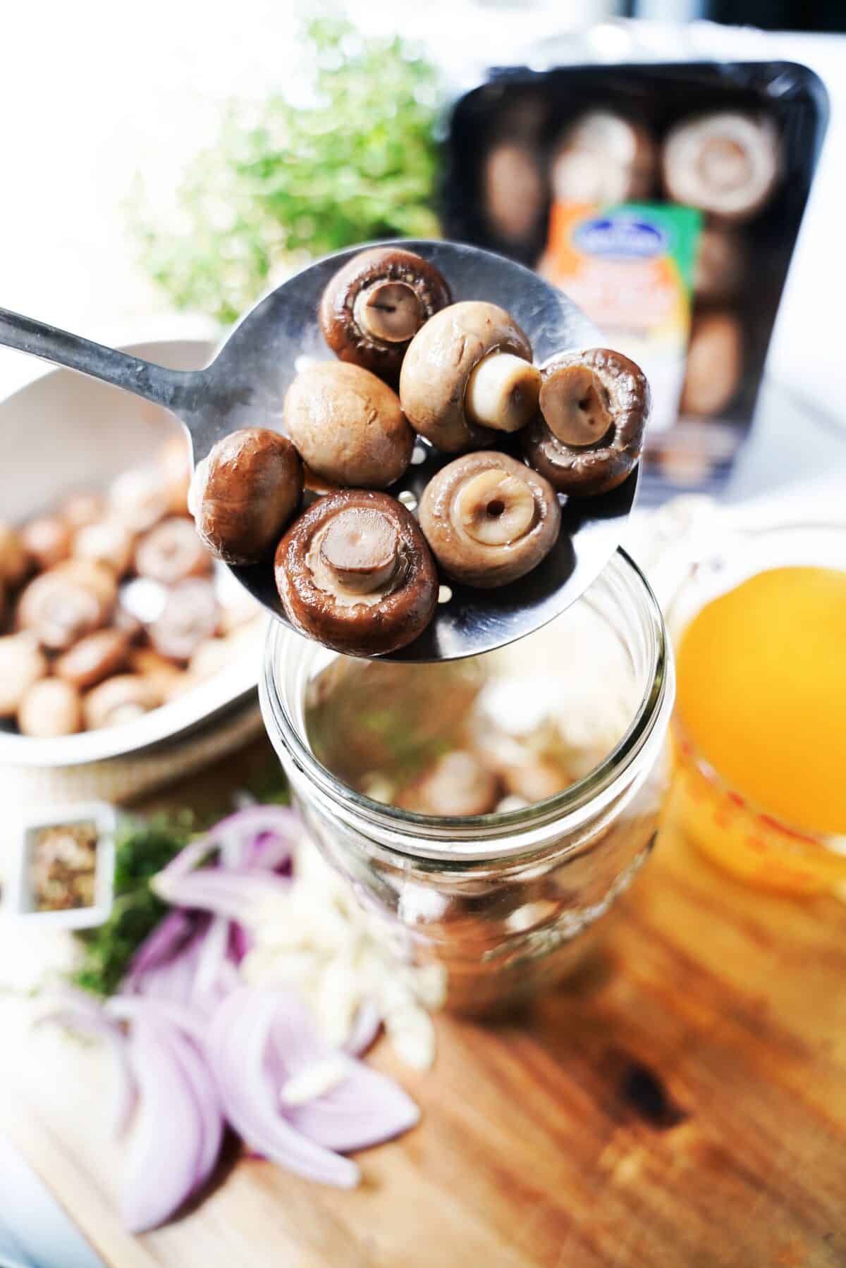 spoonful of Monterey Mushrooms baby bella before adding into a mason jar