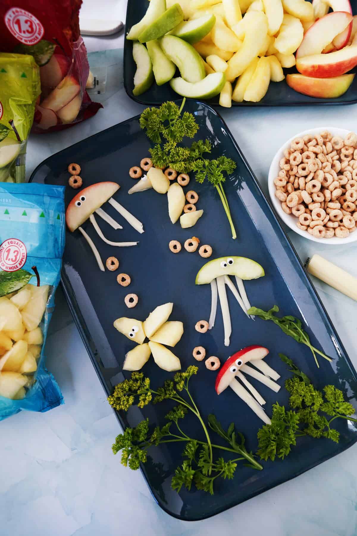 Under the Sea Food Art on a  blue platter.