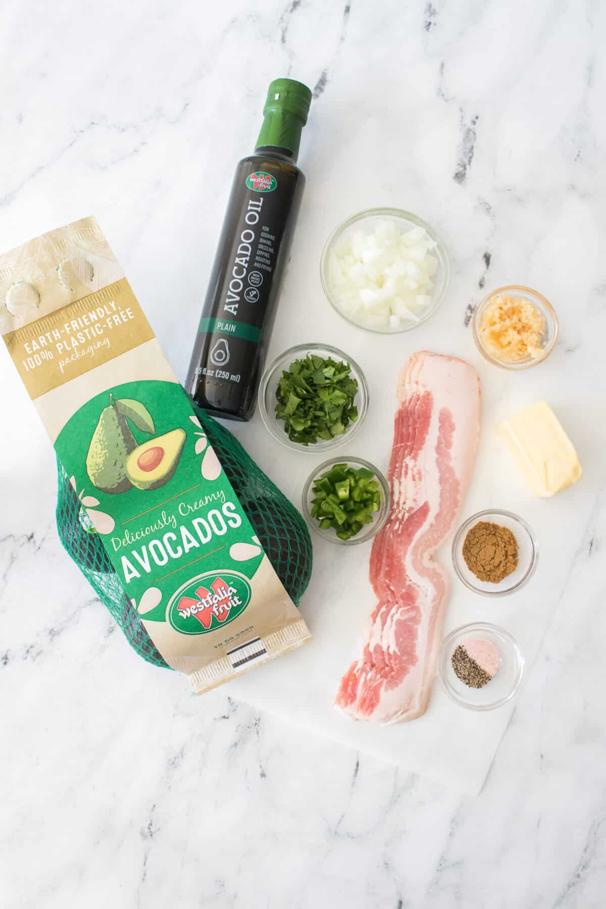 overhead shot of ingredients to make bacon guacamole fat bombs