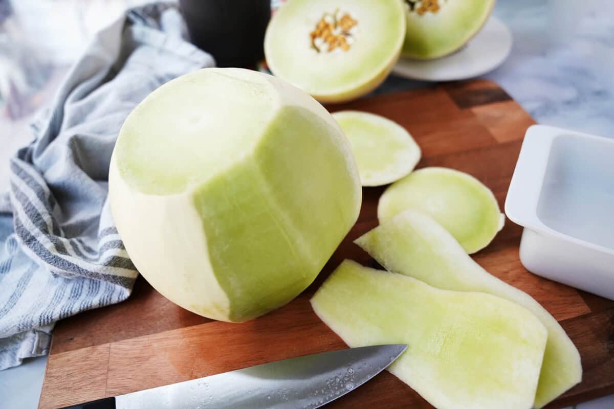 Cut edges of a honeydew melon